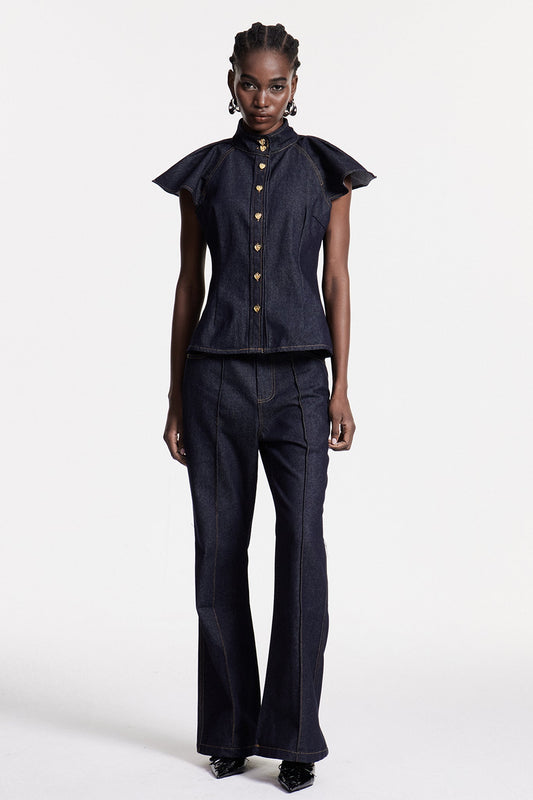 Ellalabel Chrestos Ruffle Denim Pants Set - Crafted from High-quality Fabrication - Designed for Elegant Occasions.