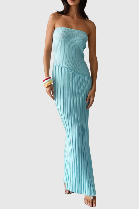 Ellalabel Cilka Strapless Stripe Knit Maxi Dress - Crafted from Soft-touch Fine Knit- Ideal for Wedding Guest and Formal Galas.