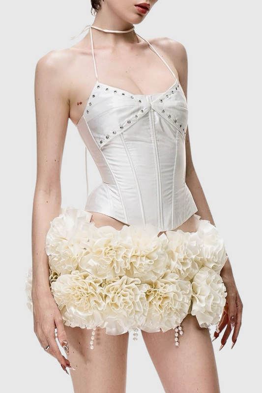 Ellalabel Orsolya Floral Pearl Corset Two Piece Set - Ivory - Crafted from High-quality Fabrication- Perfect for Garden Parties and Resort Wear.