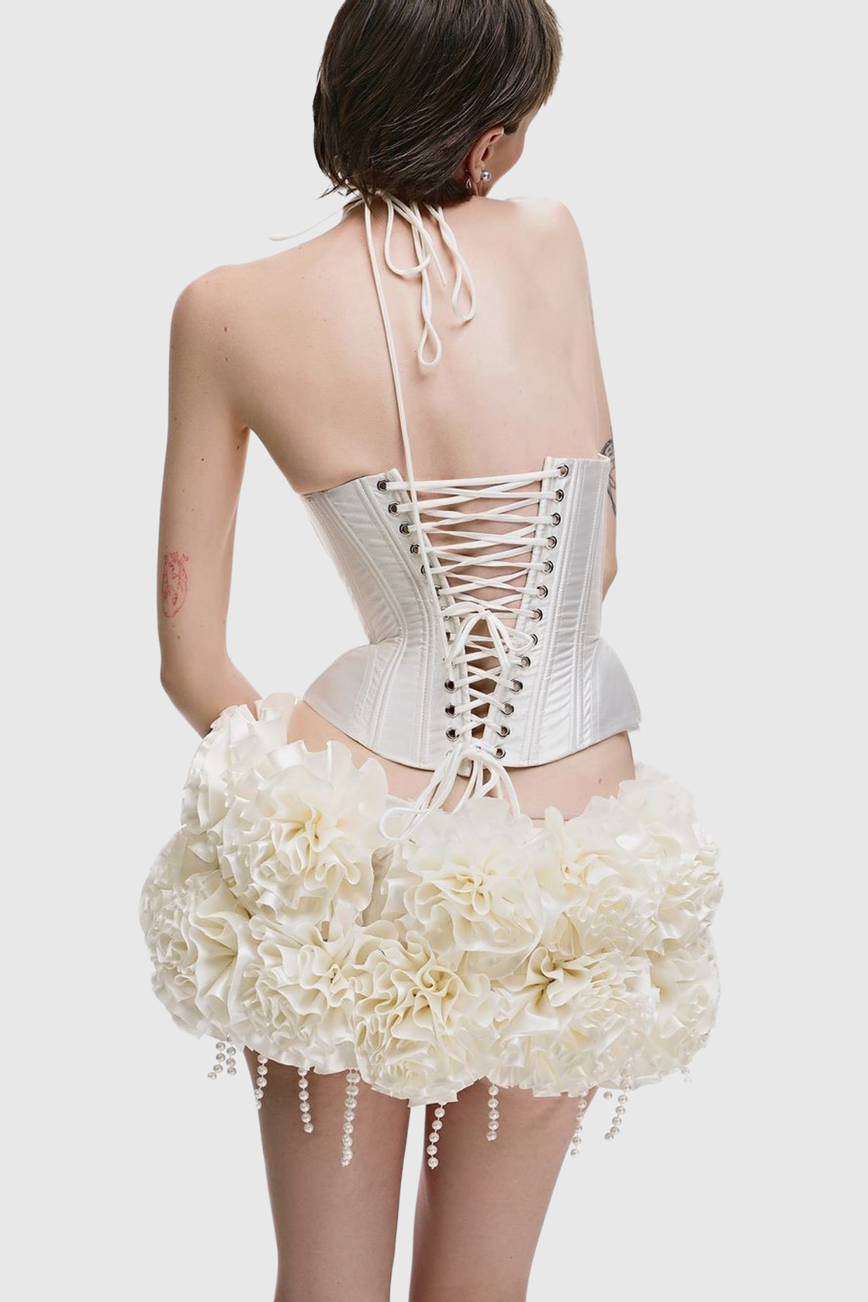 Orsolya Floral Pearl Corset Two Piece Set - Ivory