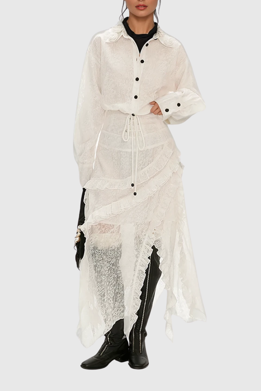 Ellalabel Ciprian Asymmetric Lace  Maxi Shirt Dress - Crafted from Intricate Lace Fabrication- Ideal for Wedding Guest and Formal Galas.