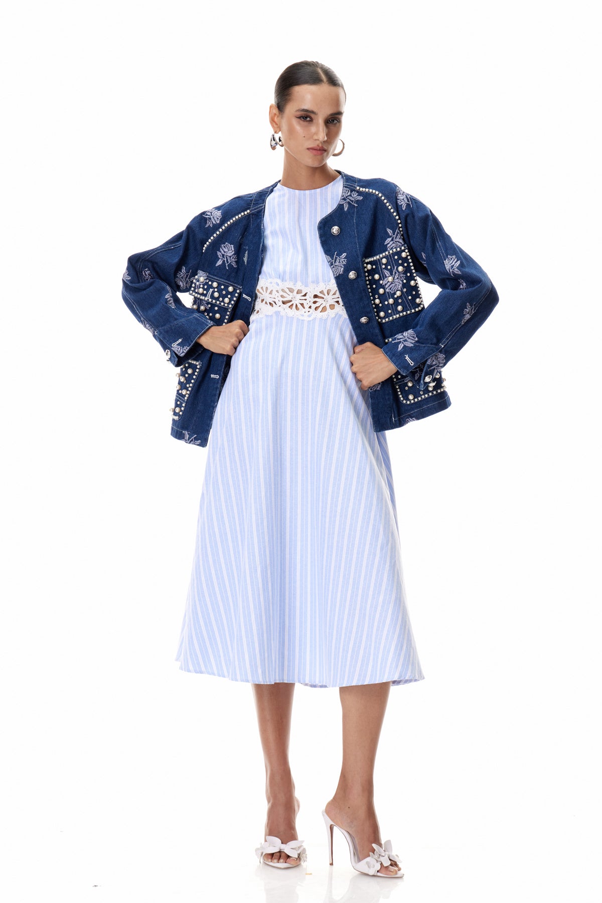 Clementius Pearl Embroidered Denim Jacket