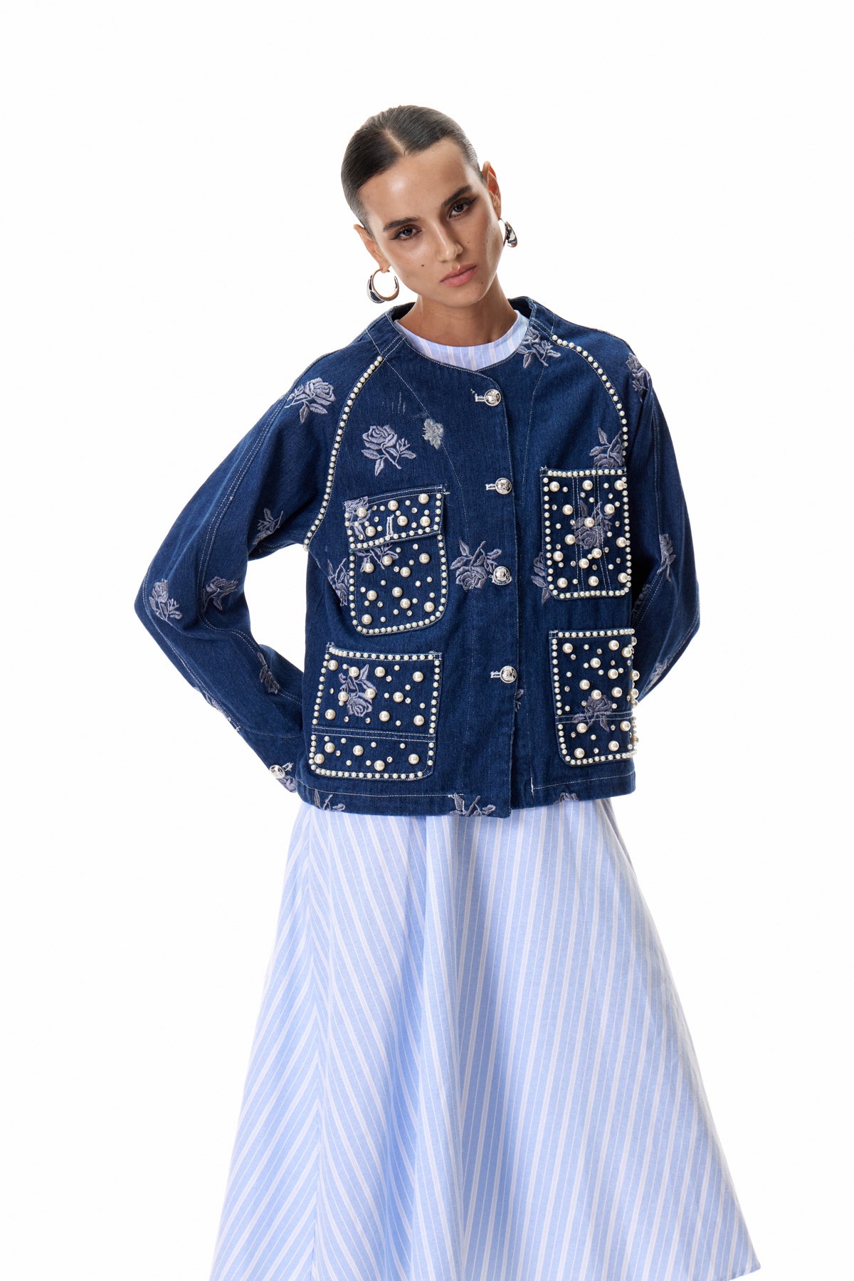 Clementius Pearl Embroidered Denim Jacket - Stylish red dress for special occasions | Buy Online