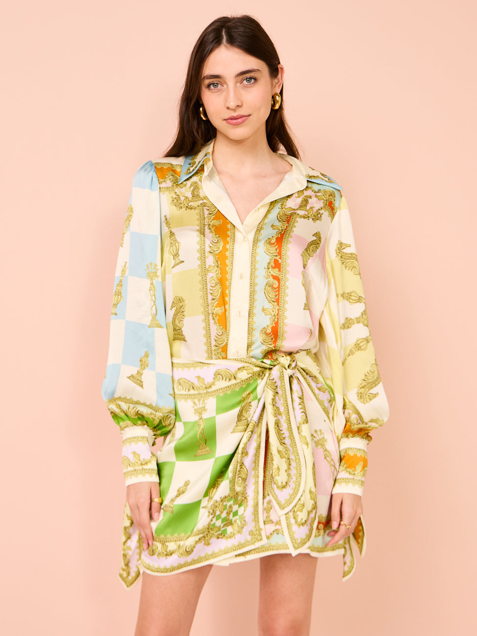 polly long sleeve Silk Mini Dress in Multi