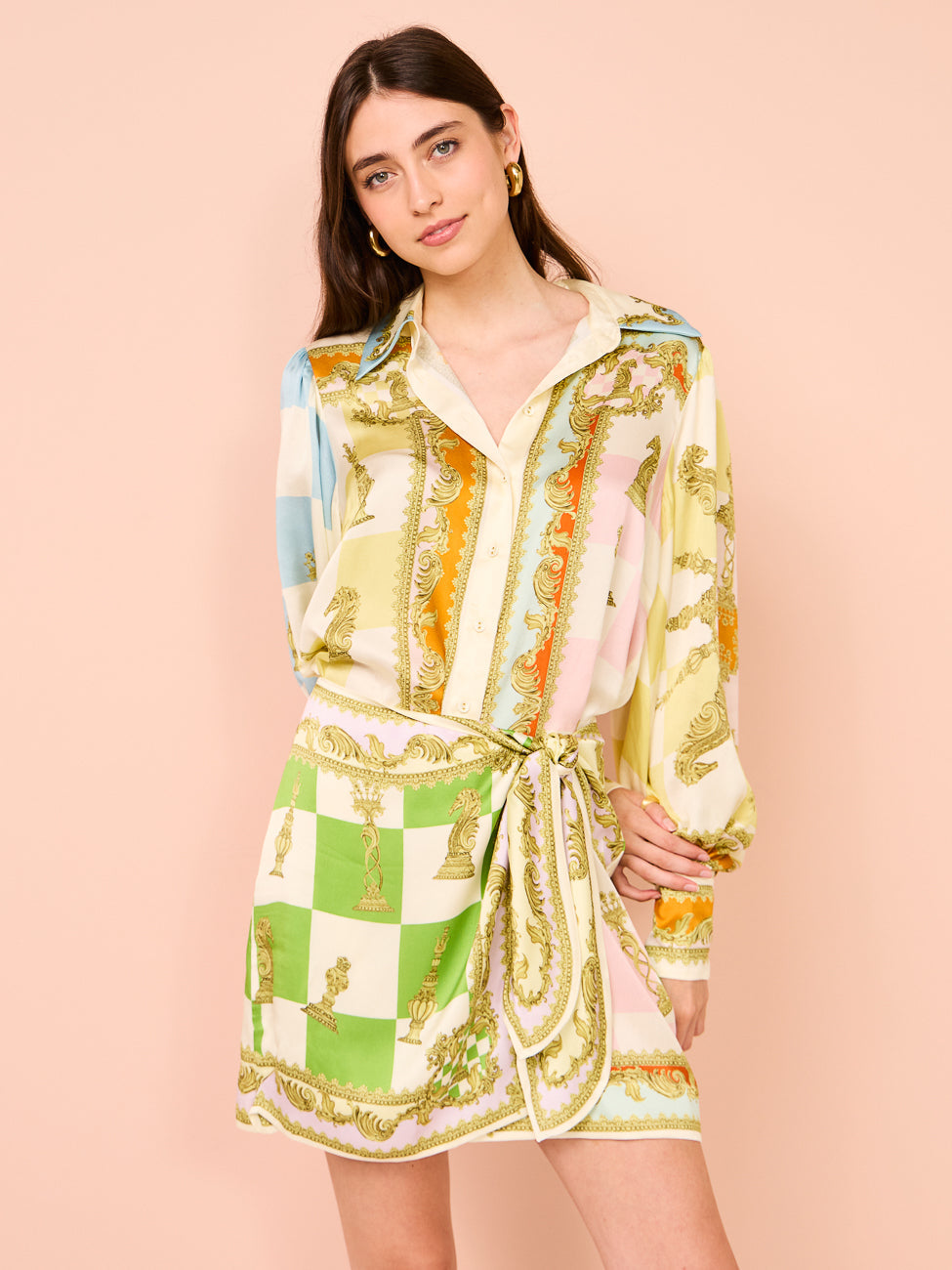 polly long sleeve Silk Mini Dress in Multi