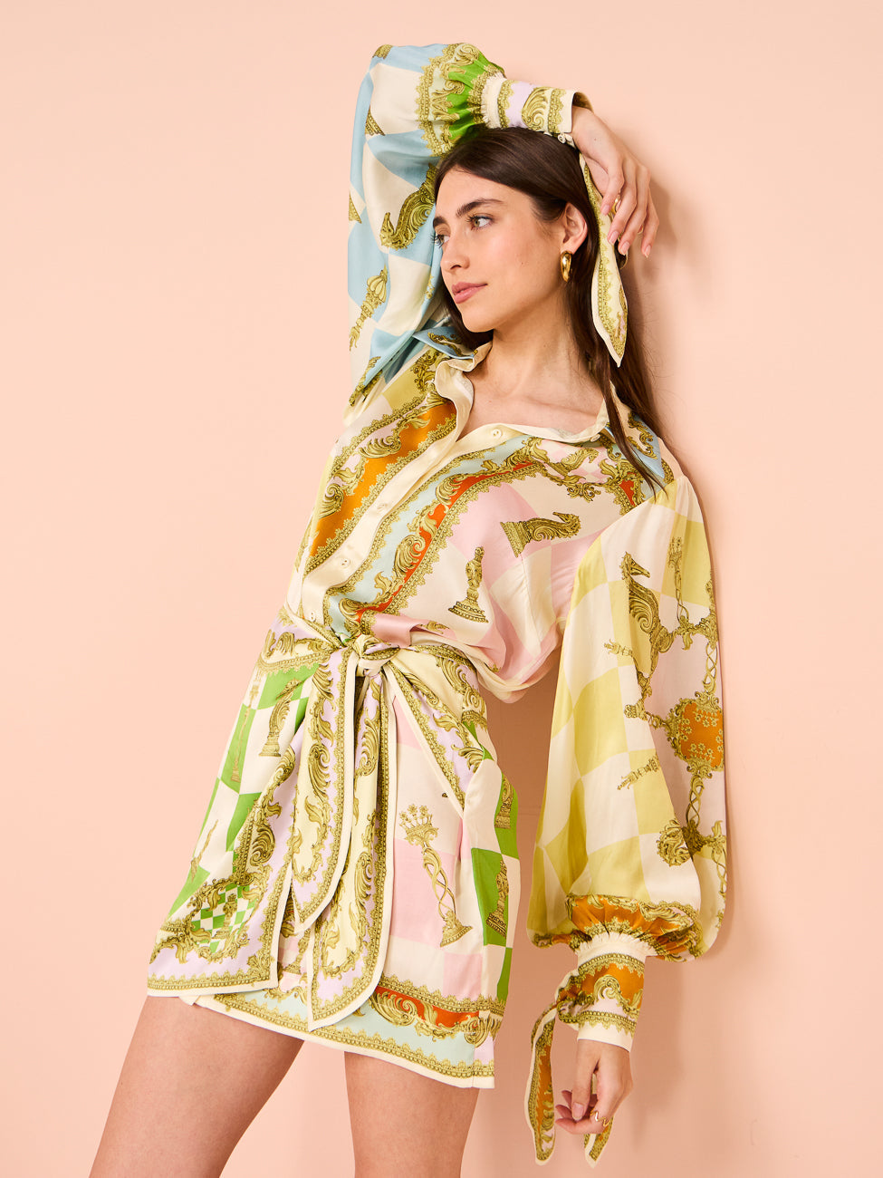 polly long sleeve Silk Mini Dress in Multi