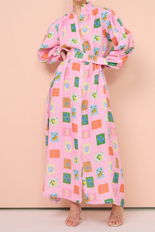 Ellalabel monica Emblem long sleeve maxi Dress in Pink - Crafted from High-quality Fabrication- Ideal for Wedding Guest and Formal Galas.