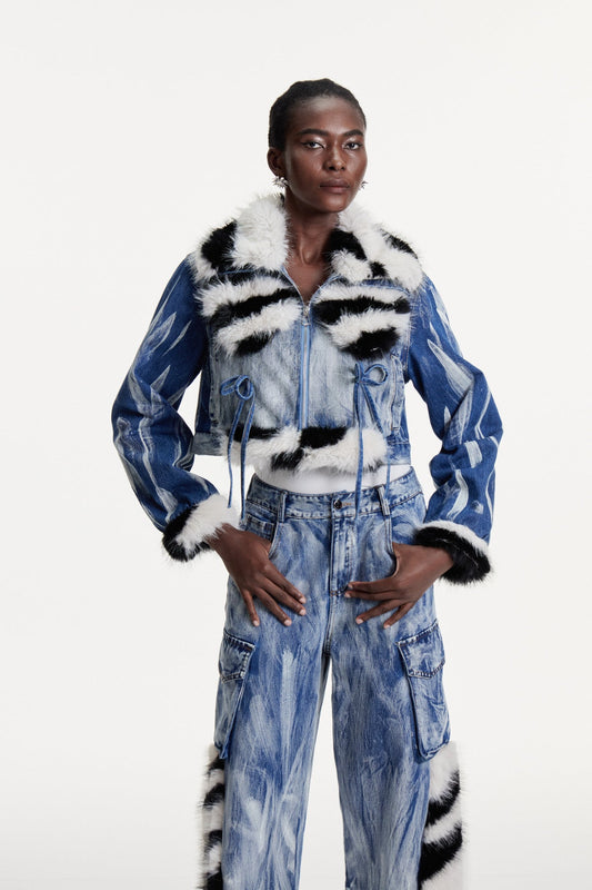 Ellalabel Colombe Print Faux Fur Denim Jacket - Crafted from High-quality Fabrication - Designed for Elegant Occasions.