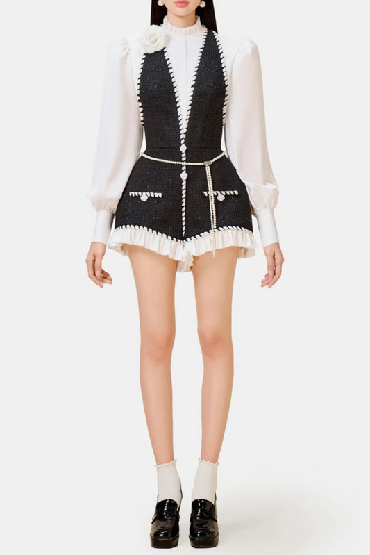 Ellalabel Colver Halter Tweed Shirt Romper - Crafted from Premium Tweed - Designed for Elegant Occasions.