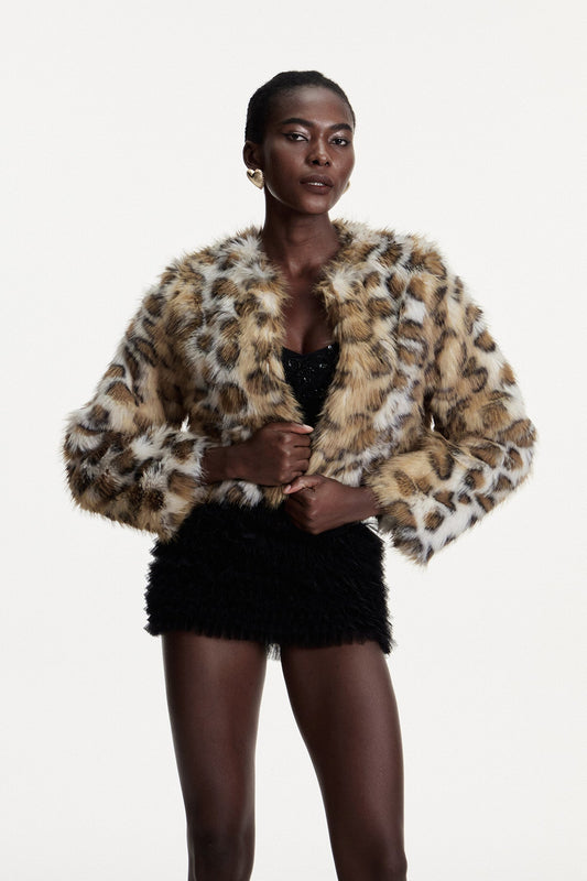 Ellalabel Comgall Leopard Faux Fur Jacket - Crafted from High-quality Fabrication - Designed for Elegant Occasions.