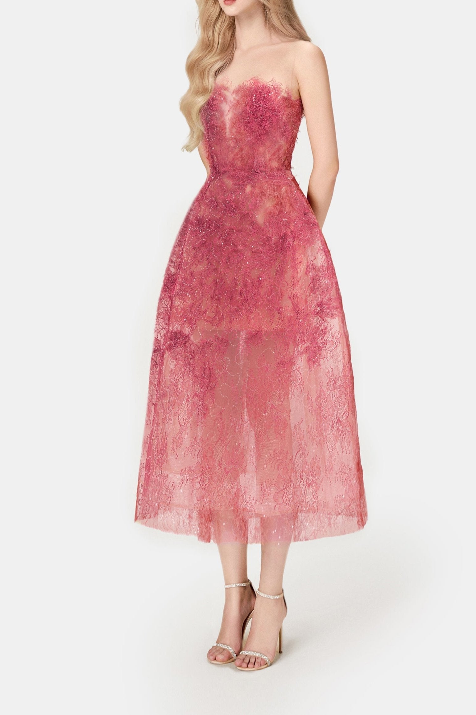 rebecca RED BEADED LACE midi DRESS