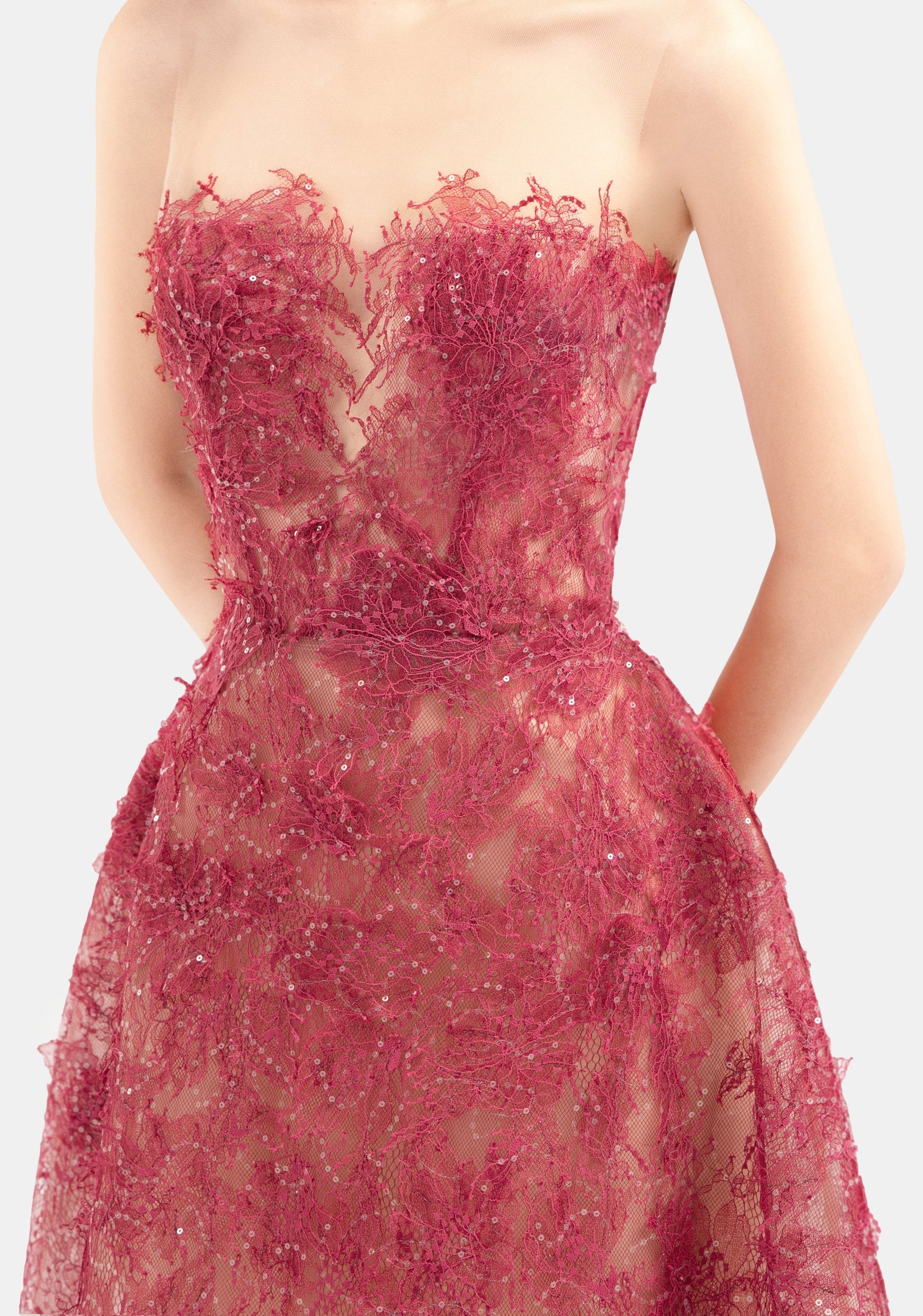 rebecca RED BEADED LACE midi DRESS