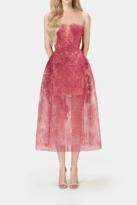 Ellalabel rebecca RED BEADED LACE midi DRESS - Crafted from Intricate Lace Fabrication- Perfect for Garden Parties and Resort Wear.