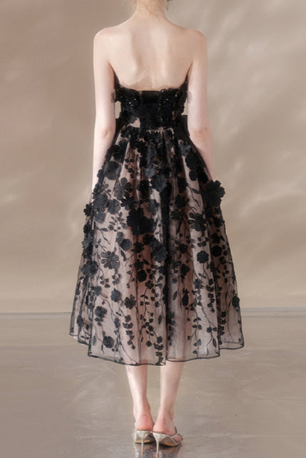 roxanne crystal floral embroidery midi dress in black