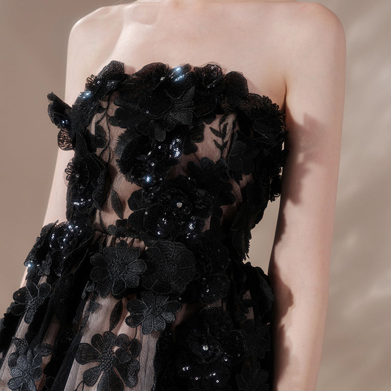 Stylish black dress | roxanne crystal floral embroidery midi dress in black - Ideal for special occasions