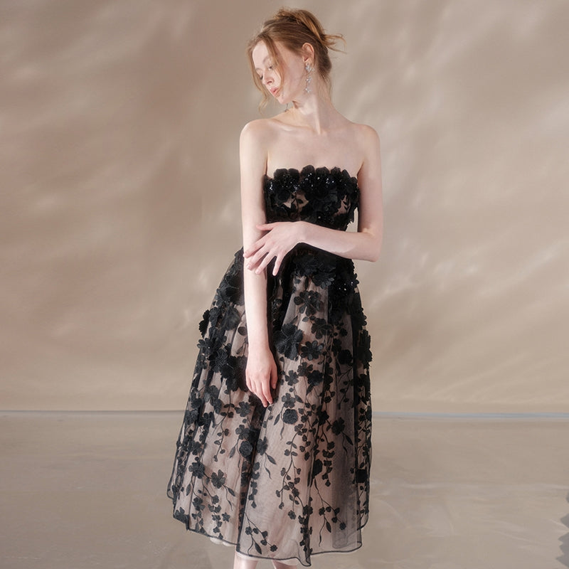 roxanne crystal floral embroidery midi dress in black