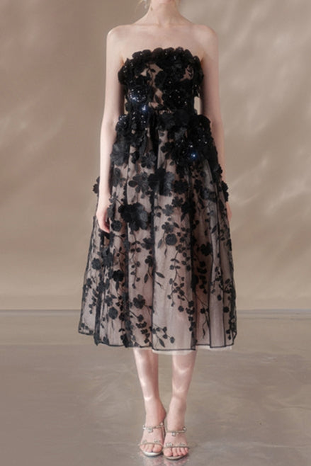 Shop  black dress - Perfect for special occasions | roxanne crystal floral embroidery midi dress in black