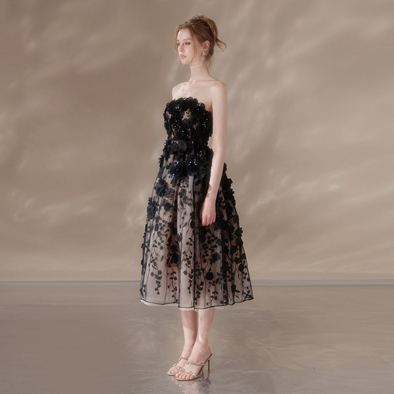 Stylish black dress | roxanne crystal floral embroidery midi dress in black - Ideal for special occasions