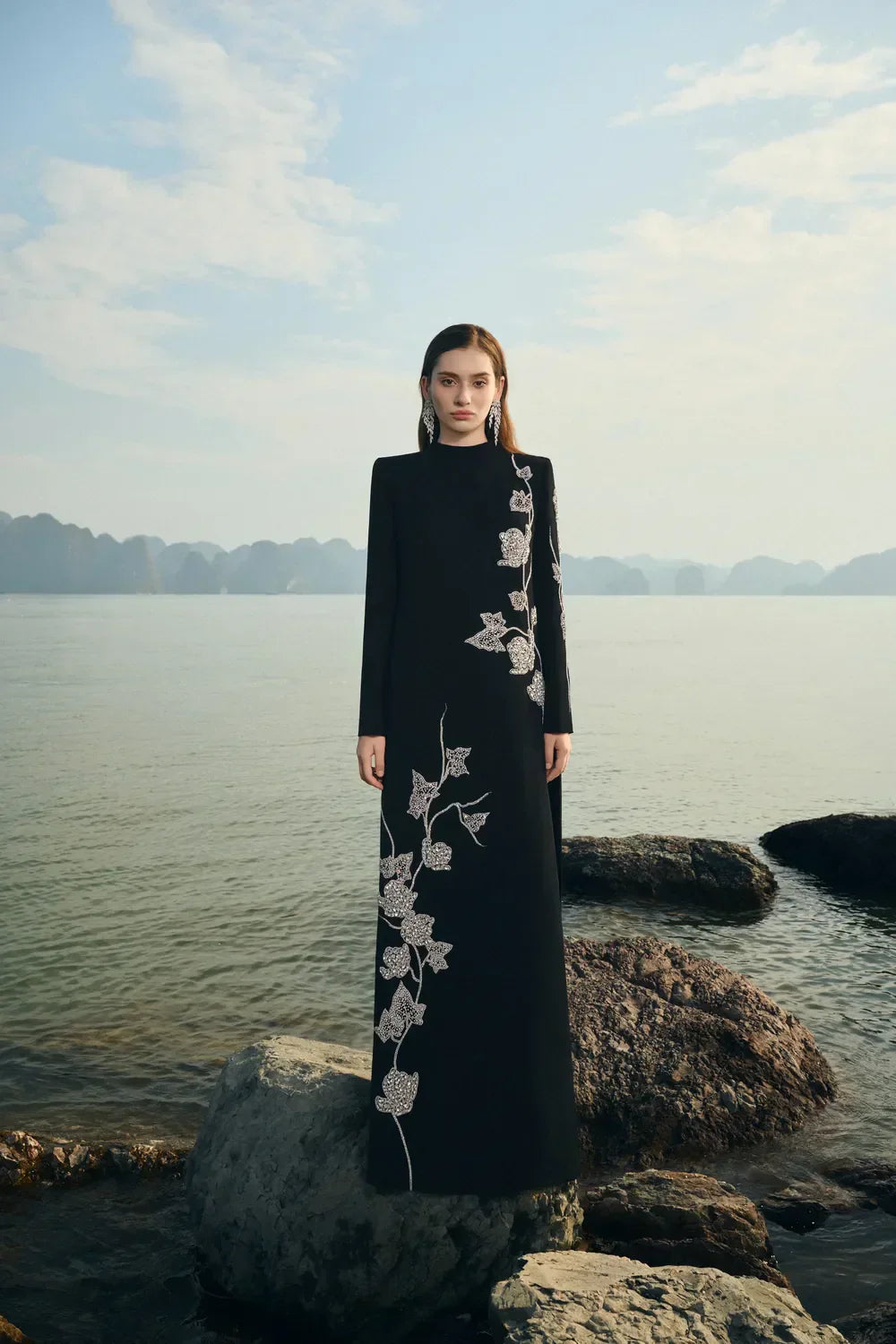 laurel black High Neck Asymmetric Crystal Embellished maxi Dress