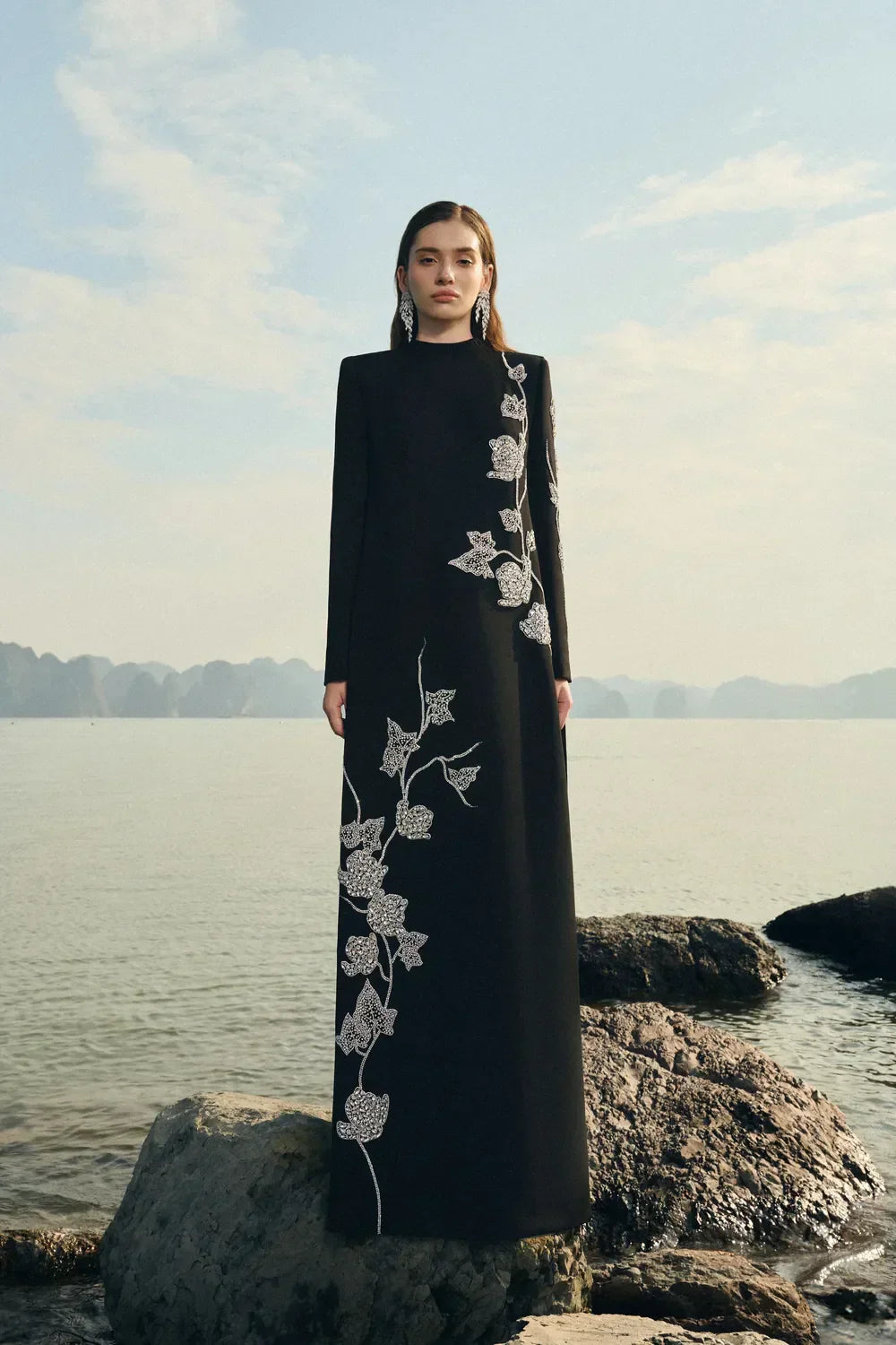 laurel black High Neck Asymmetric Crystal Embellished maxi Dress