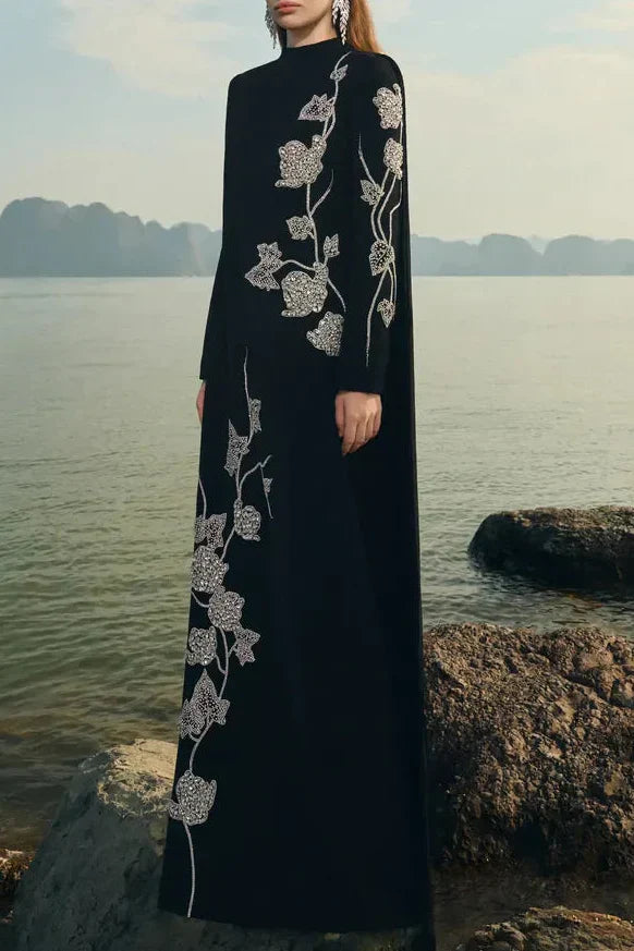 laurel black High Neck Asymmetric Crystal Embellished maxi Dress