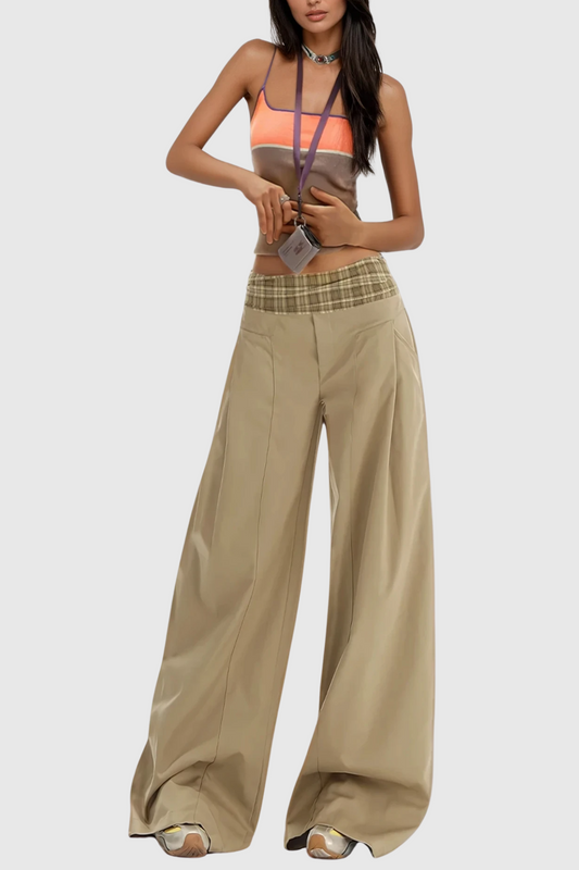 Ellalabel Dado Grid Wide Leg Pants In Khaki - Crafted from High-quality Fabrication - Designed for Elegant Occasions.