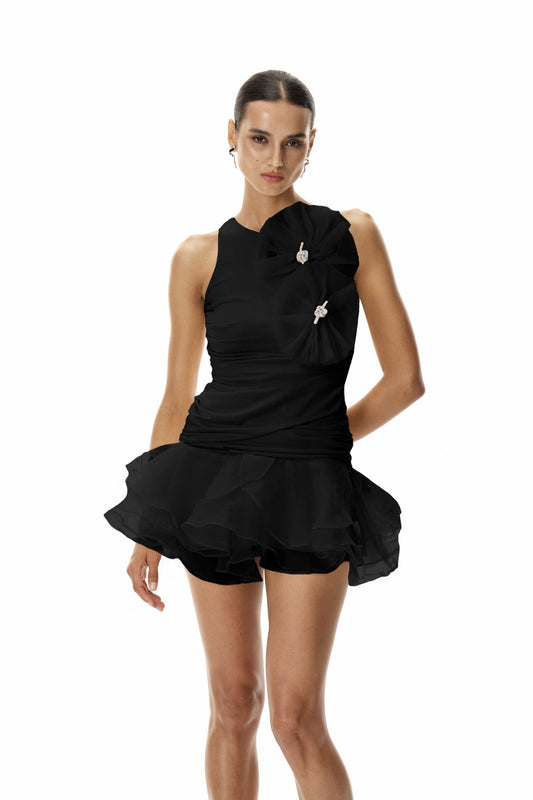 Ellalabel Daireann Ruch Flower Mini Dress In Black in Black - Crafted from High-quality Fabrication- Best for Cocktail Parties and Night Out.