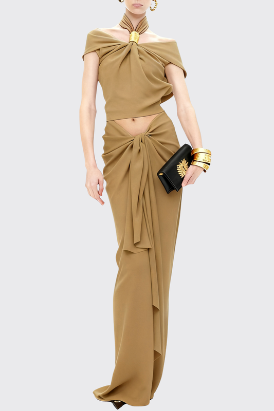 Ellalabel katherine Halter Twisted Skirt Two Piece Set - Khaki - Crafted from High-quality Fabrication - Designed for Elegant Occasions.