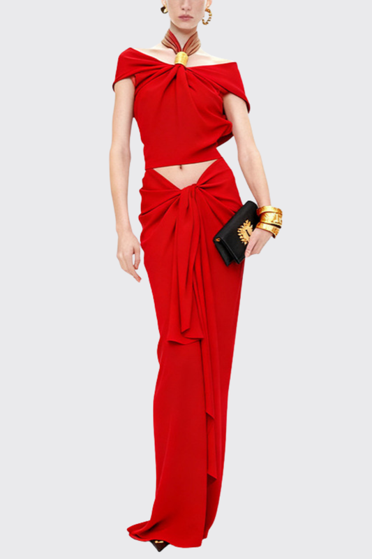 Ellalabel juliet Halter Twisted Skirt Two Piece Set - Red - Crafted from High-quality Fabrication - Designed for Elegant Occasions.