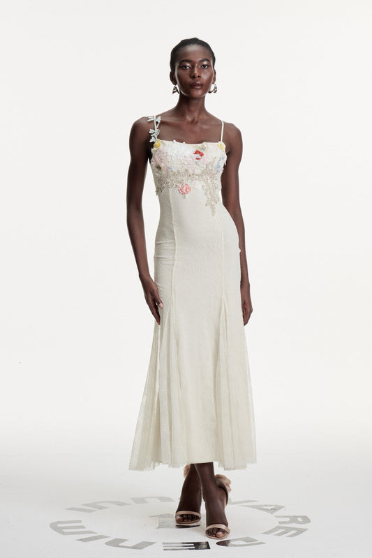 Ellalabel Daliborka Lace Flower Embroidered Maxi Dress - Crafted from Intricate Lace Fabrication- Ideal for Wedding Guest and Formal Galas.