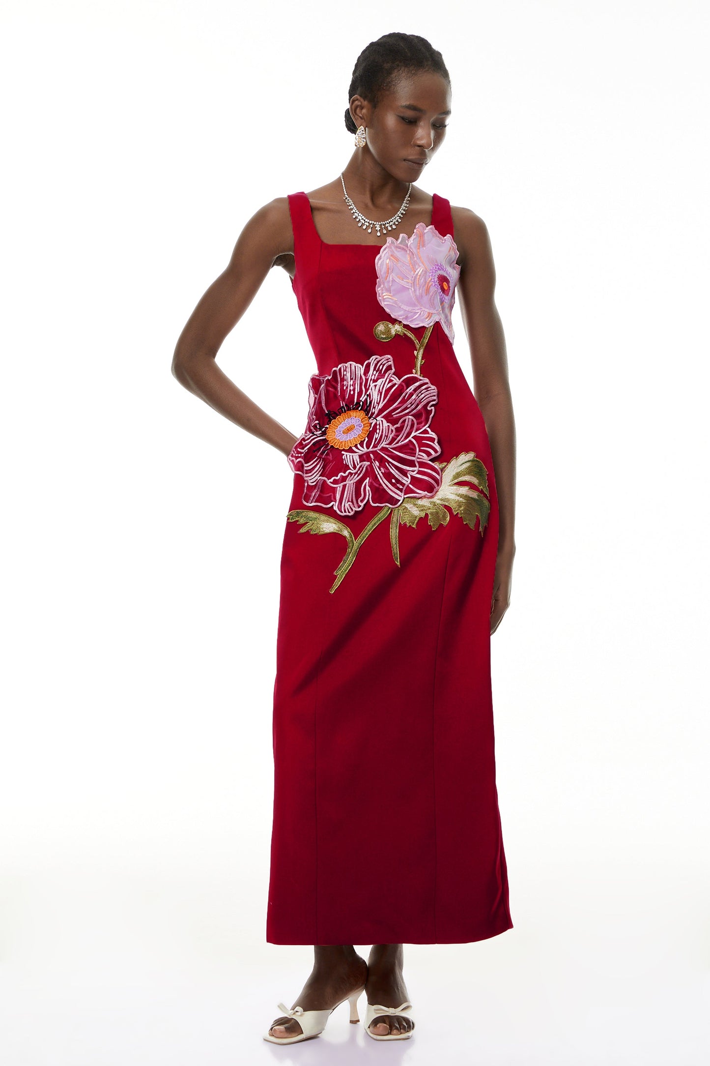 victoria red square neck flower embroidery satin maxi dress