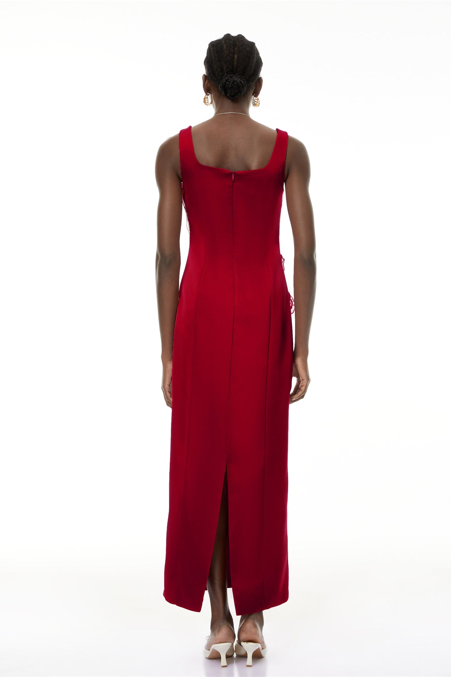 victoria red square neck flower embroidery satin maxi dress