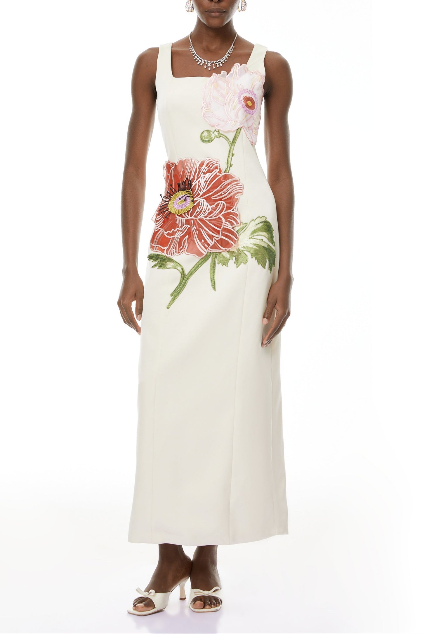 victoria apricot square neck flower embroidery satin maxi dress