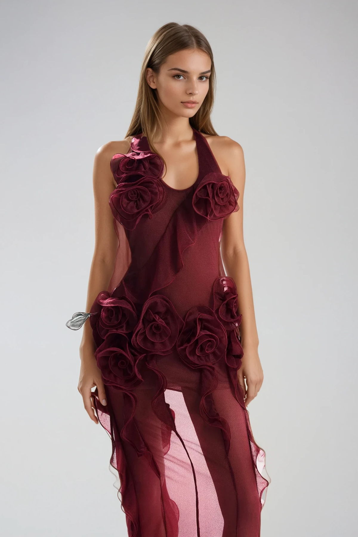 Damir Flower Backless Mesh Maxi Dress