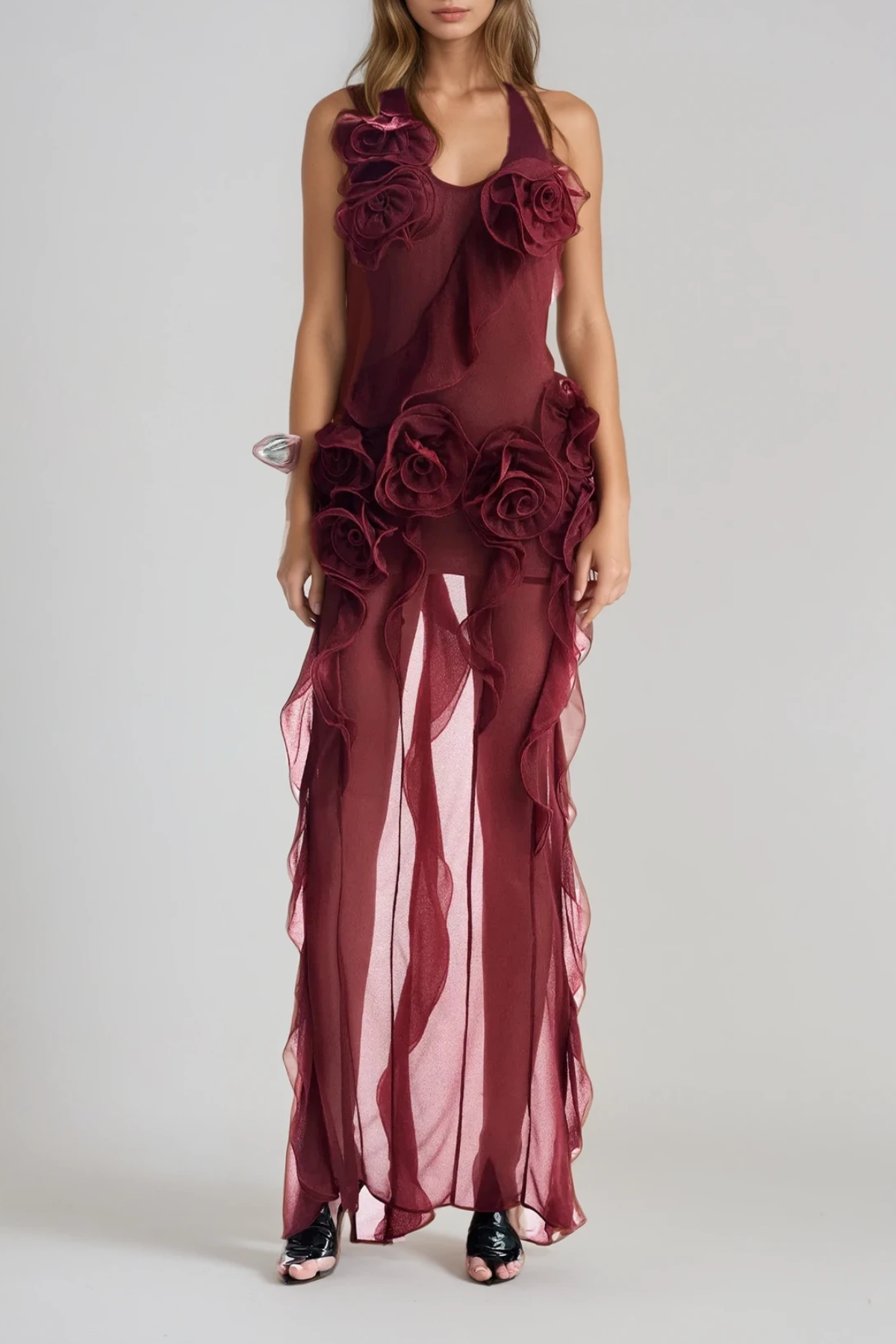 Damir Flower Backless Mesh Maxi Dress