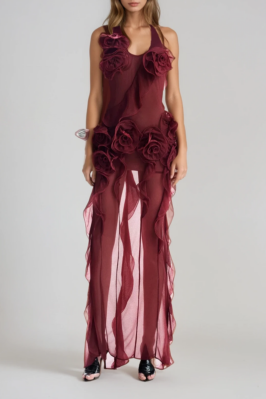 Ellalabel Damir Flower Backless Mesh Maxi Dress - Crafted from High-quality Fabrication- Ideal for Wedding Guest and Formal Galas.