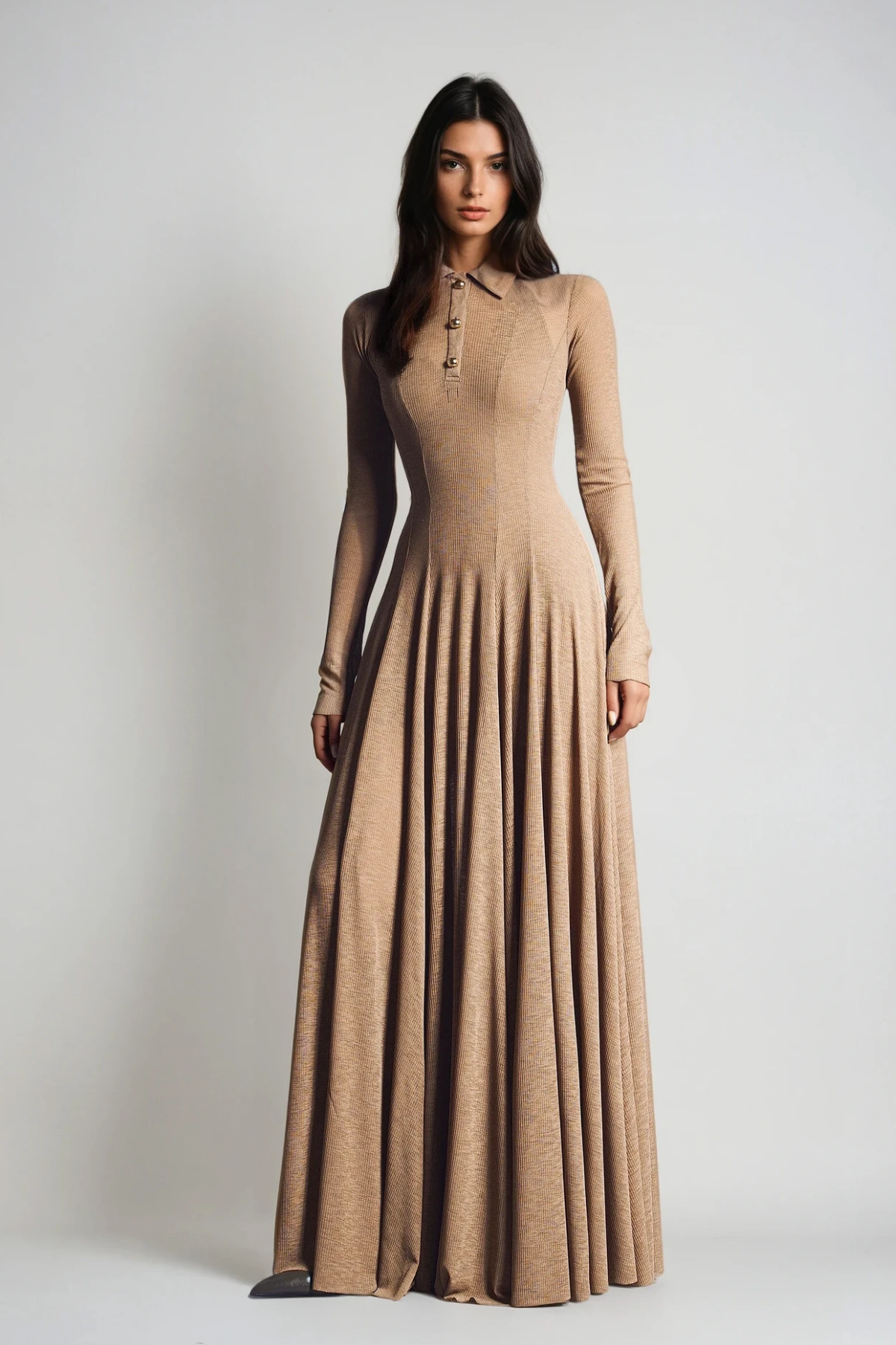 Stylish beautiful dress | Dany Long Sleeve Ruffle Knit Maxi Dress In Khaki - Ideal for special occasions