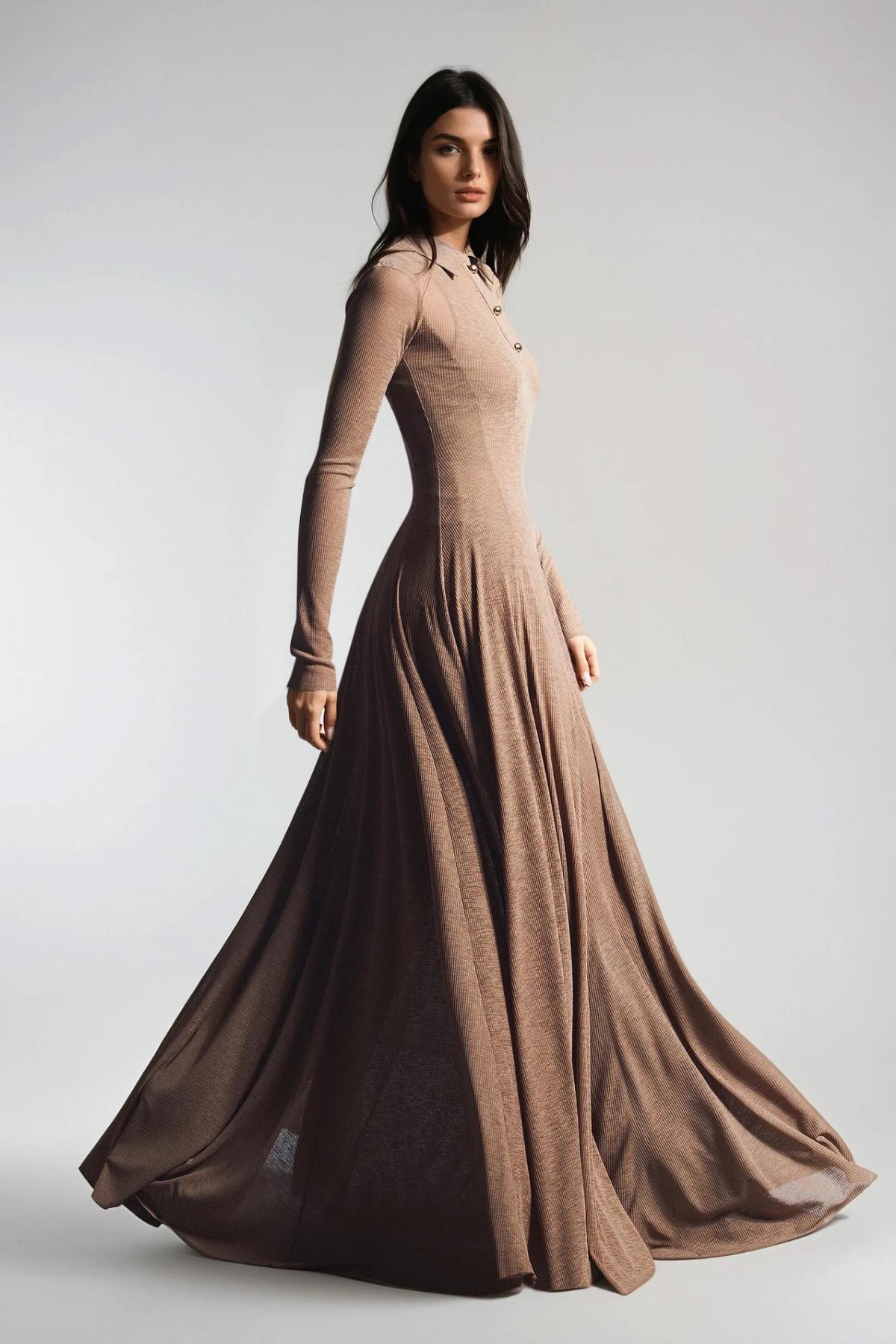 Shop  beautiful dress - Perfect for special occasions | Dany Long Sleeve Ruffle Knit Maxi Dress In Khaki