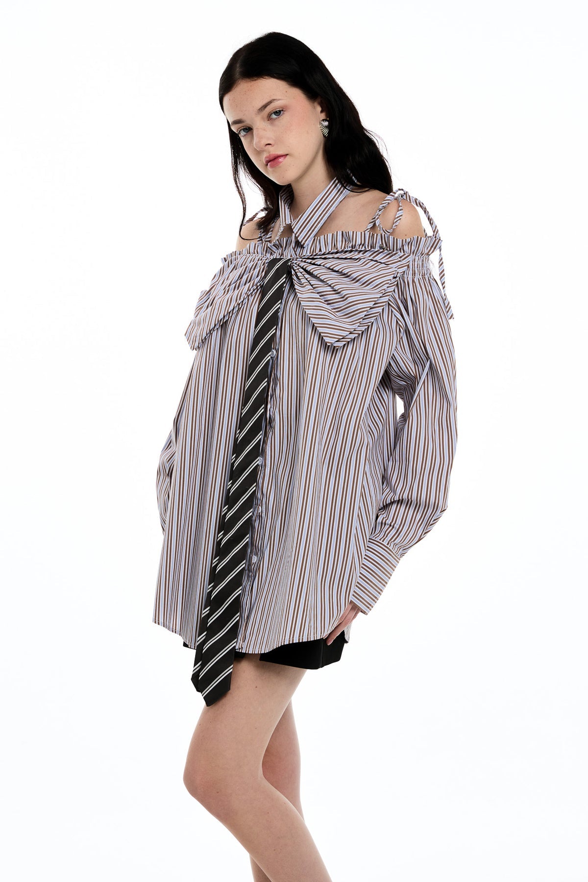 Shop  brown dress - Perfect for special occasions | Daquan Two Piece Bow Stripe Top In Brown