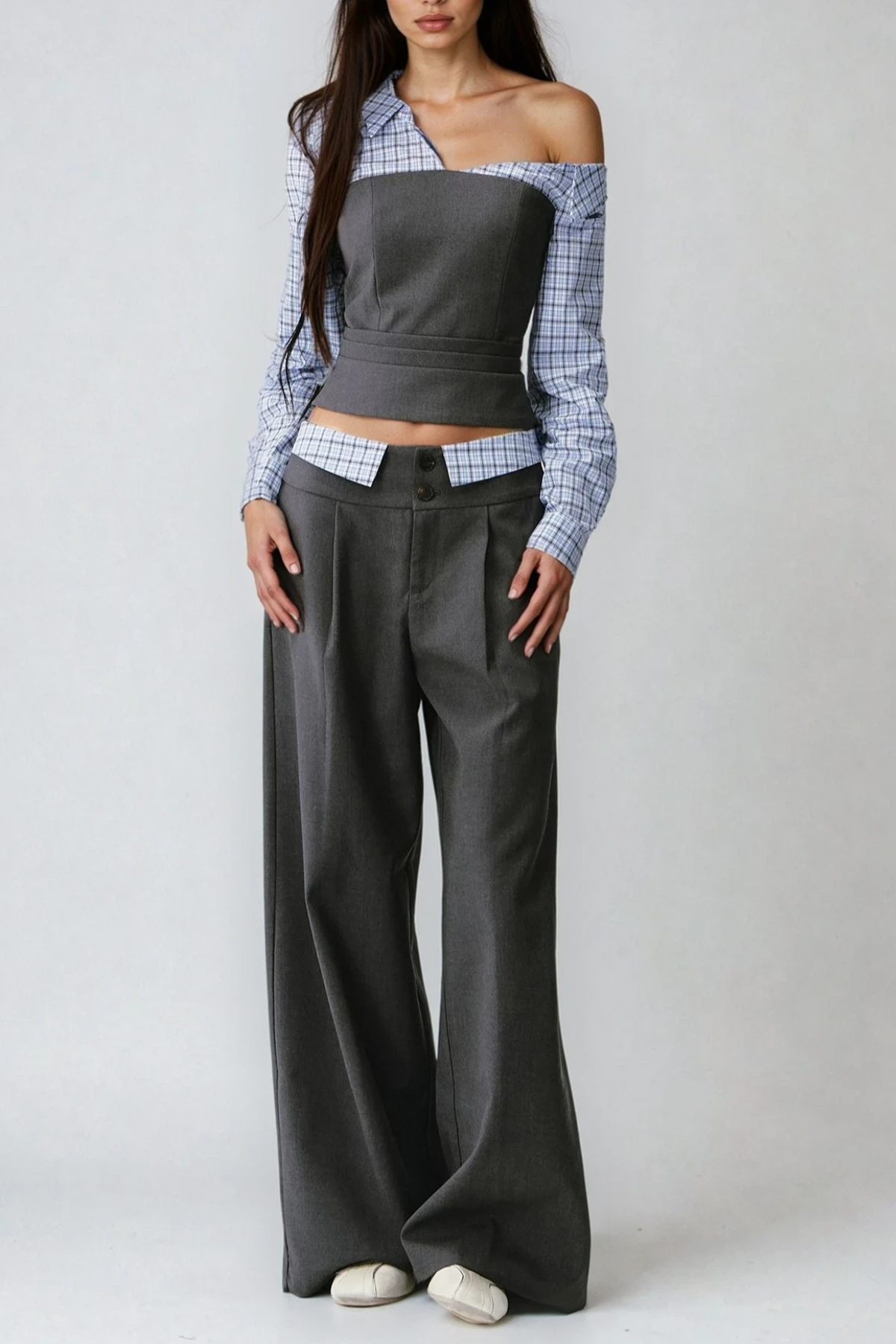 laurel One Shoulder Plaid Pants Set