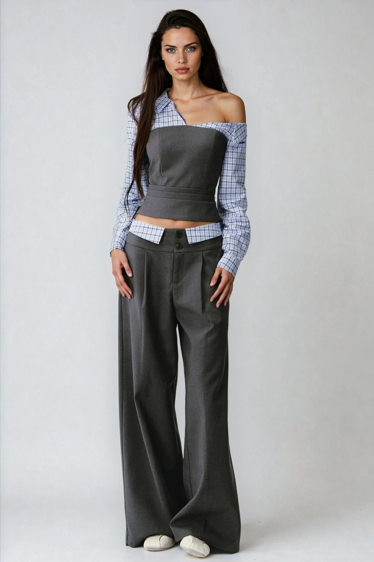 laurel One Shoulder Plaid Pants Set
