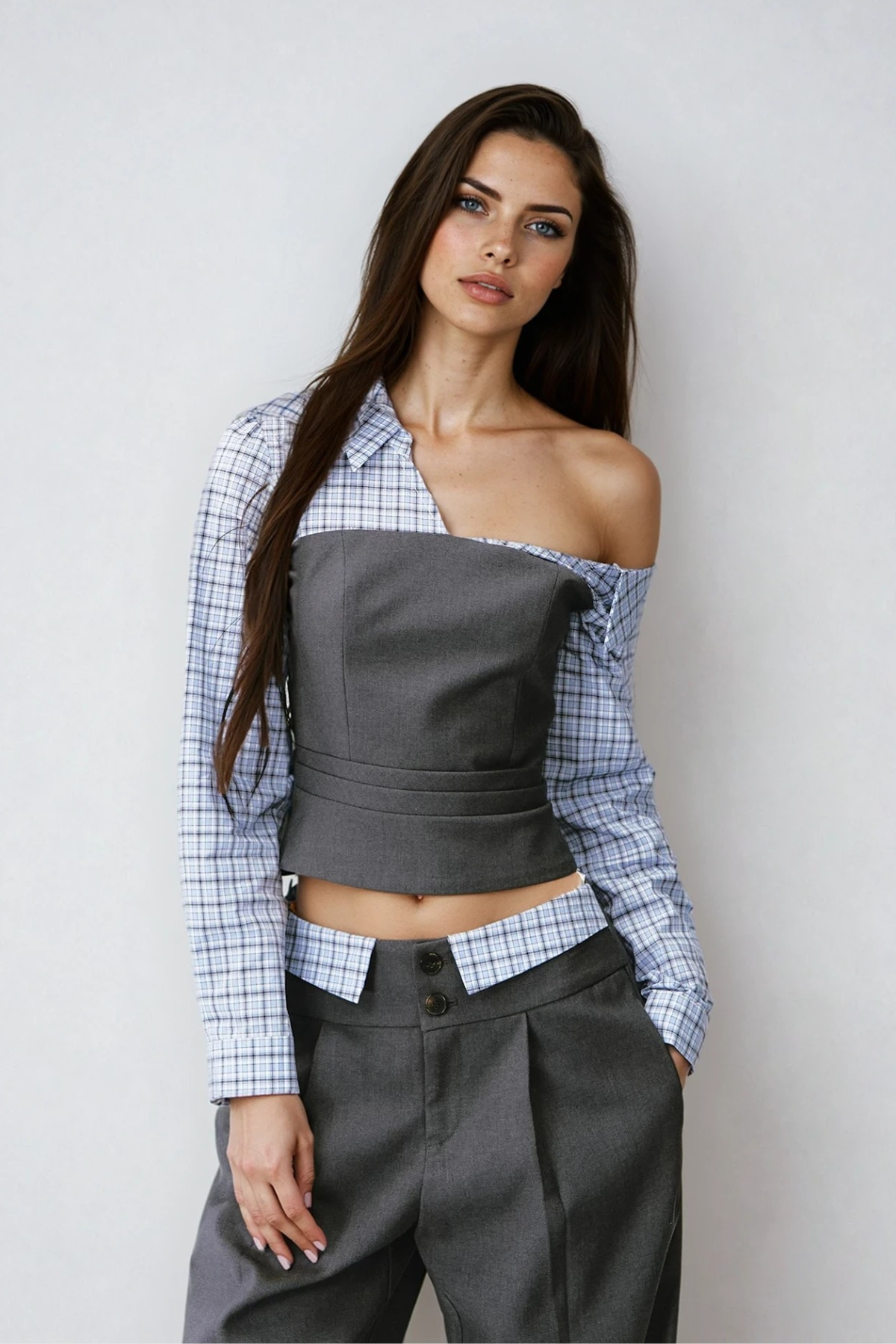 laurel One Shoulder Plaid Pants Set