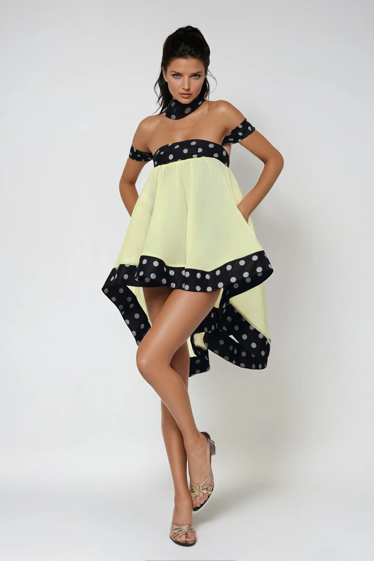 Dewey Off Shoulder Dot Asymmetric Mini Dress