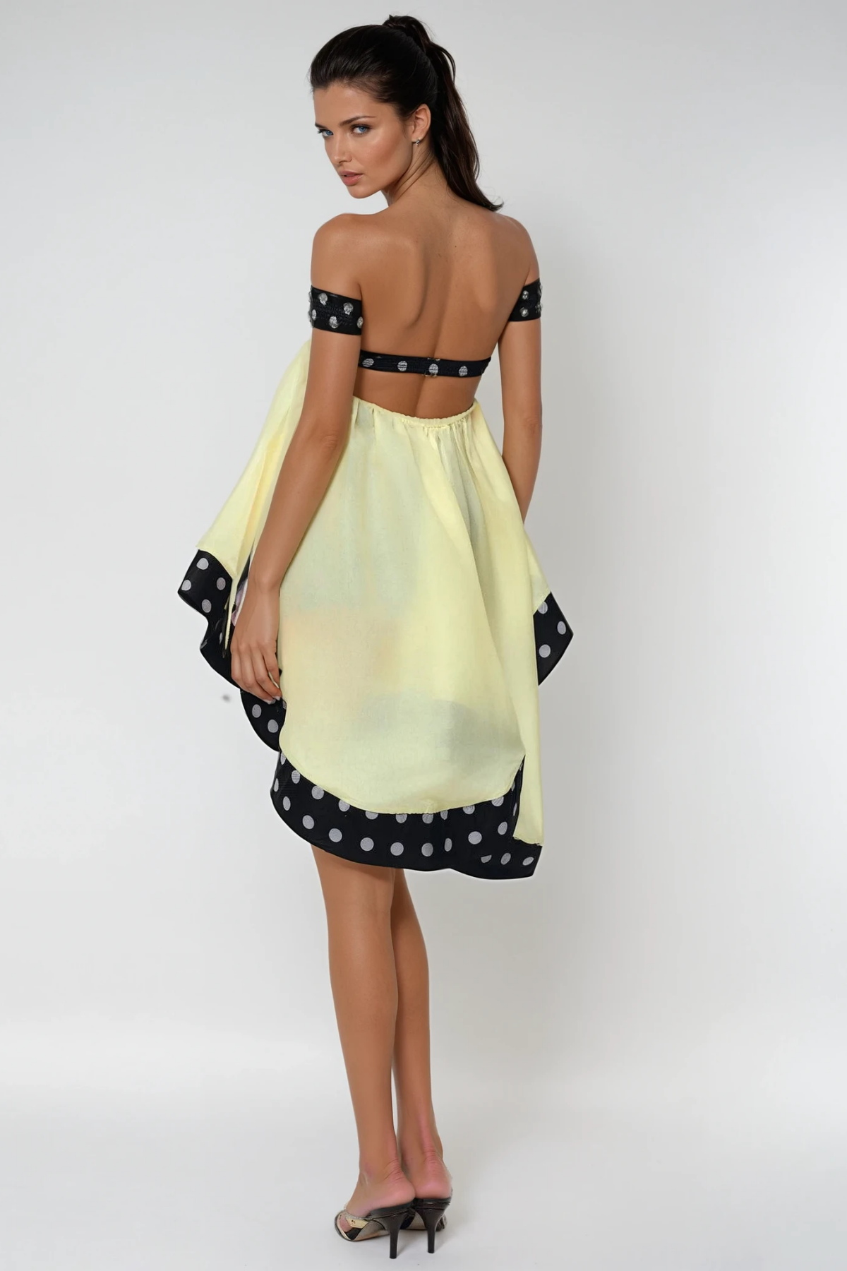 Dewey Off Shoulder Dot Asymmetric Mini Dress