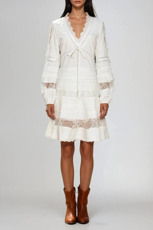 Ellalabel joanna V Neck Deconstruct Lace Mini Dress - Crafted from Intricate Lace Fabrication- Best for Cocktail Parties and Night Out.