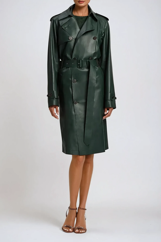 Ellalabel katherine Double Breasted Leather Trench Coat - Crafted from High-quality Fabrication - Designed for Elegant Occasions.