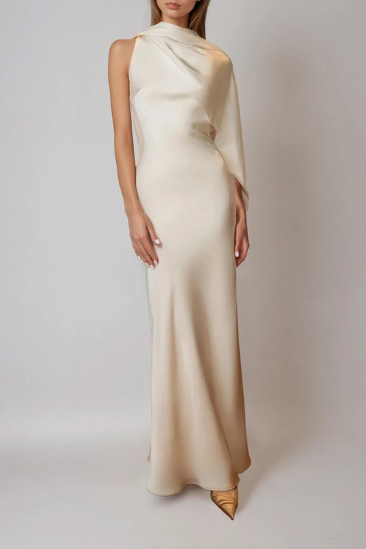 Ellalabel marian Draped Back Satin Maxi Dress - Crafted from Glossy Silk Satin- Ideal for Wedding Guest and Formal Galas.