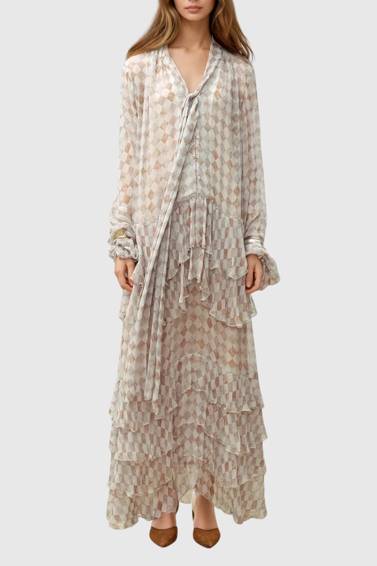 michelle Tie Up Grid Maxi Tiered Dress