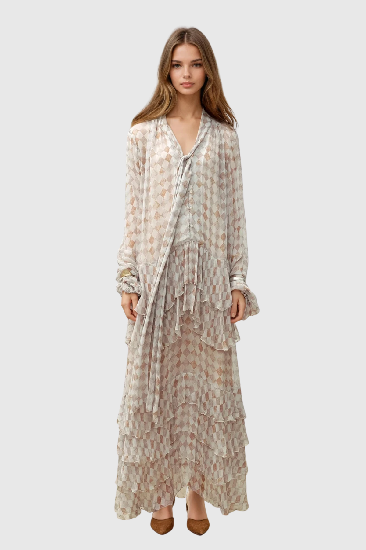 michelle Tie Up Grid Maxi Tiered Dress