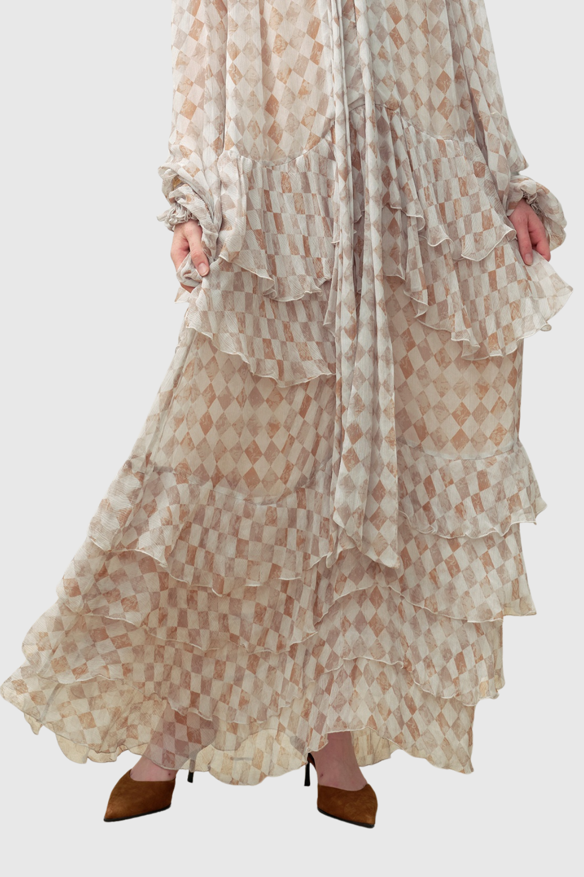 michelle Tie Up Grid Maxi Tiered Dress